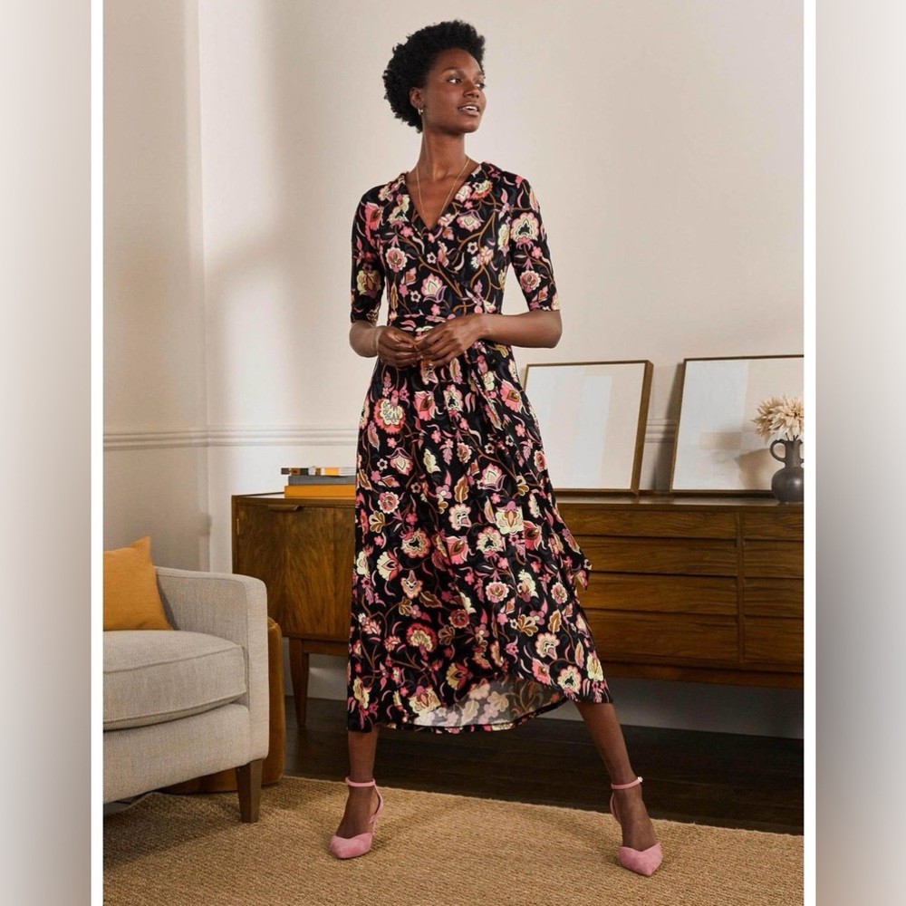 EUC Boden Lavinia Jersey Wrap Dress, Size 8R, Black Opulent Floral
